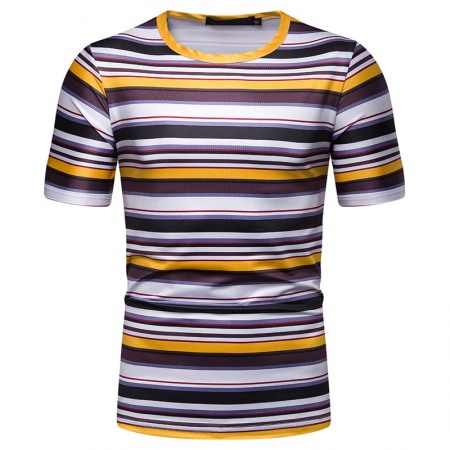 New Summer Men's Short-Sleeved T-Shirt Mens Contrast Striped Slim Casual T-Shirt