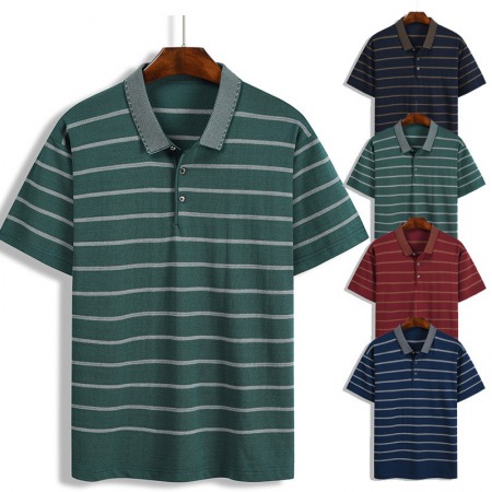 New Summer Men's Pullover Loose Striped Lapel T-Shirt Mens Short Sleeve