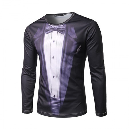 Spring New Fashion Fake Two Pieces Of 3D Printing Men's Bow Tie Round Neck Long Sleeve T-Shirt